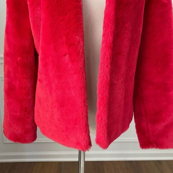 Vintage 80s Guess Faux Fur Red Open Front Teddy Coat M - Picture 3 of 6